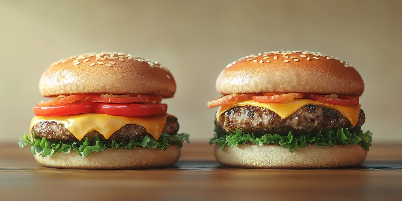 Delicious burgers with fresh ingredients and sesame seed buns on a wooden surface